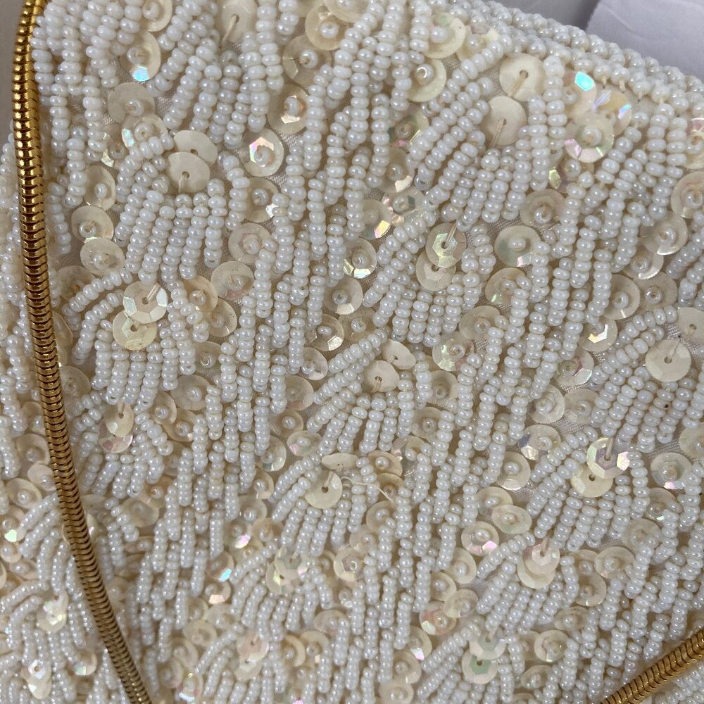 Antique Off White Square Beaded Evening Cocktail Handbag Gold Chain - Picture 4 of 7